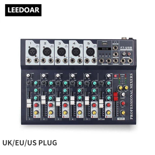 Consola de mezclas de 7 canales Tarjeta de sonido USB Bluetooth Equipo de audio profesional Mezclador de audio Profesional Digital Portátil Video Consumidor 