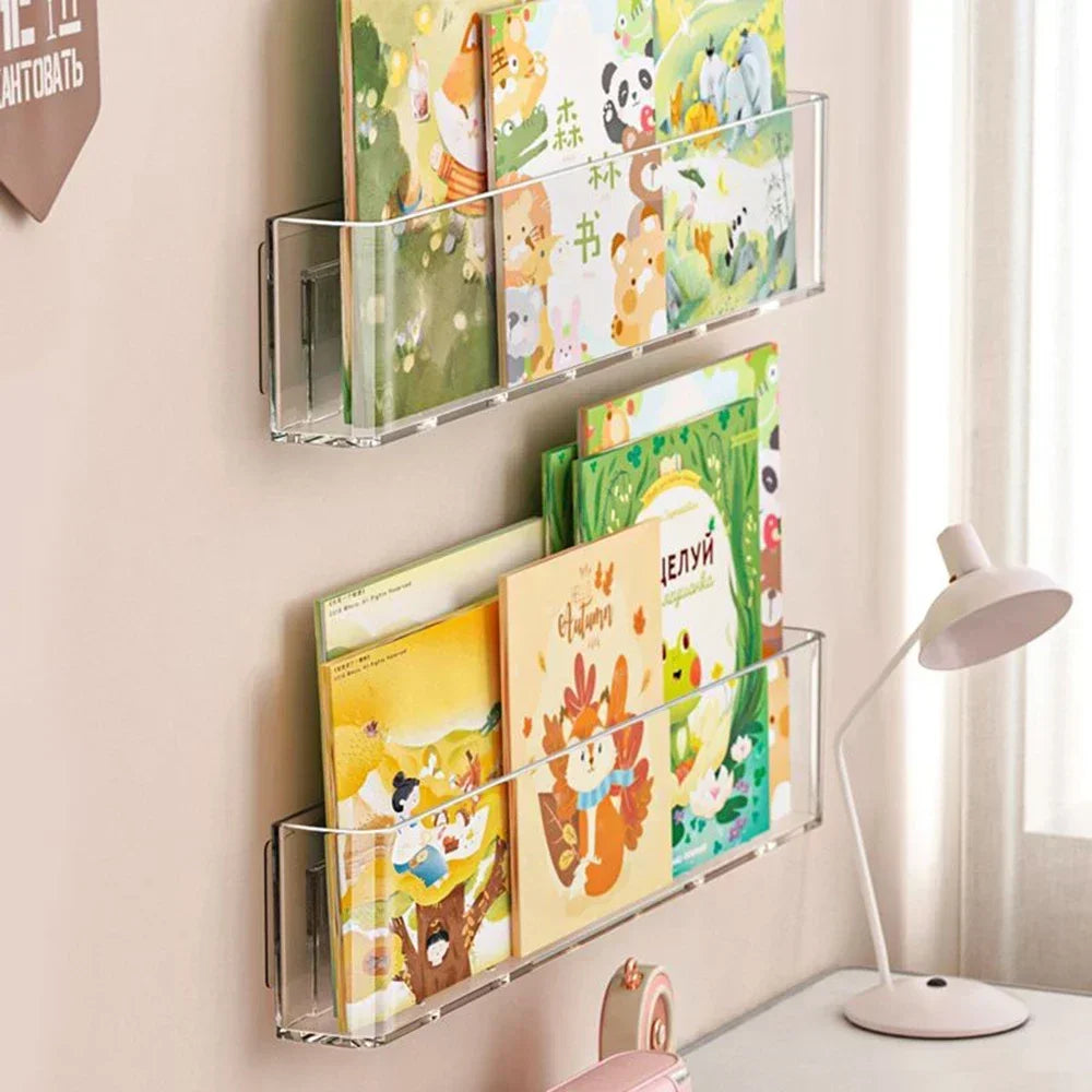 Estantería de libros de imágenes acrílicas para niños, estantería de pared detrás de la puerta, transparente, para lectura, libros de escritorio, almacenamiento de libros ilustrados para el hogar