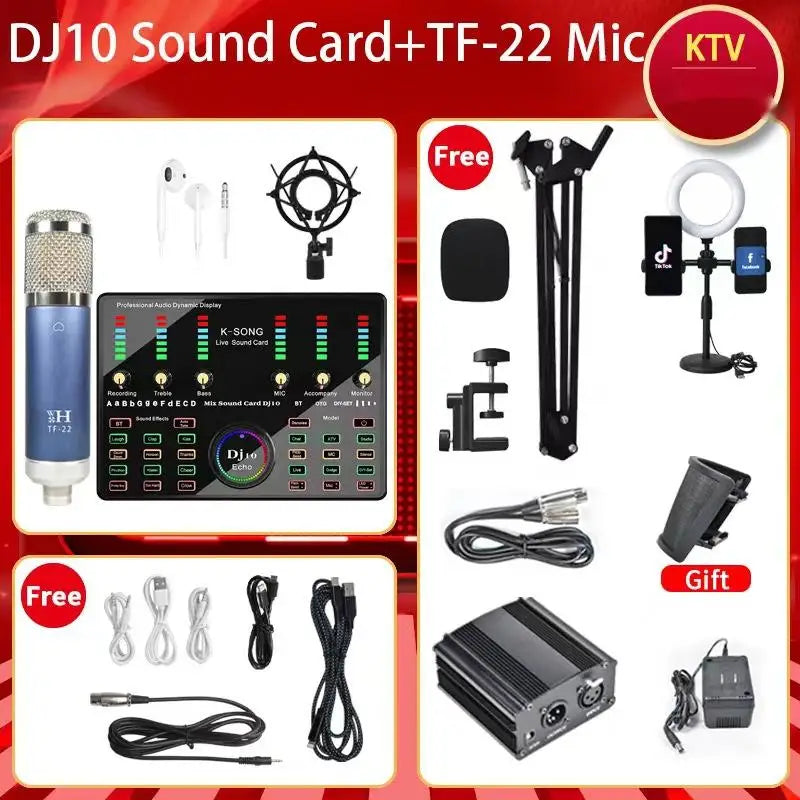 48V DJ10 Sound Card BM 800 Microphone Bluetooth Wireless Karaoke with Live Streaming for PC Phone Singing Gaming Youtube TikTok Leedoar