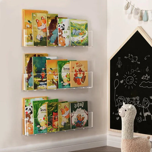 Estantería de libros de imágenes acrílicas para niños, estantería de pared detrás de la puerta, transparente, para lectura, libros de escritorio, almacenamiento de libros ilustrados para el hogar