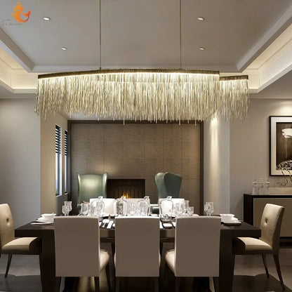 Long Modern Copper Chain Hanging Ceiling Pendant Lighting Modern LED Silver Lamps Tassel Dining Table Kitchen Chandelier 3 Color Leedoar