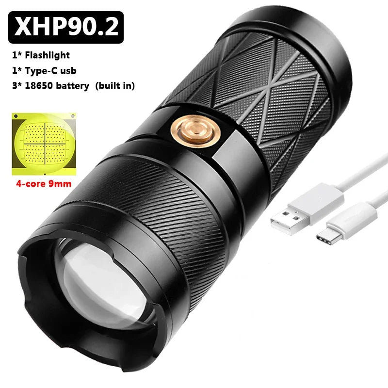 XHP90.2Led Super Bright Double Head Flashlight Waterproof USB Rechargeable Zoomable Torch Work Light Spotlight Floodling Lantern Leedoar