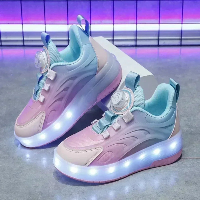 Children's Kids Boys Girls USB Charging Glowing Casual Sneakers Led Light Wheels Outdoor Parkour Roller Skate Shoes Sports For Leedoar