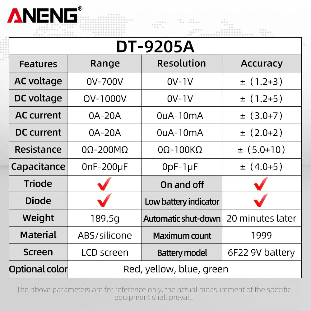 ANENG DT9205A Digital Multimeter AC/DC Transistor Tester Electrical NCV Test Meter Profesional Analog Auto Range Multimetro Leedoar