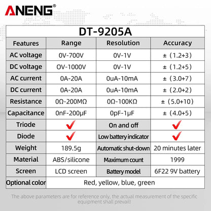 ANENG DT9205A Digital Multimeter AC/DC Transistor Tester Electrical NCV Test Meter Profesional Analog Auto Range Multimetro Leedoar