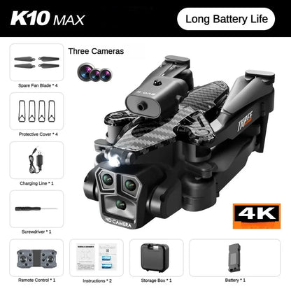 K10 MAX Drone with Three 4K HD Camera RC Helicopter Dron Toys Children Gift Four Way Obstacle Avoidance Optical Flow Positioning Leedoar