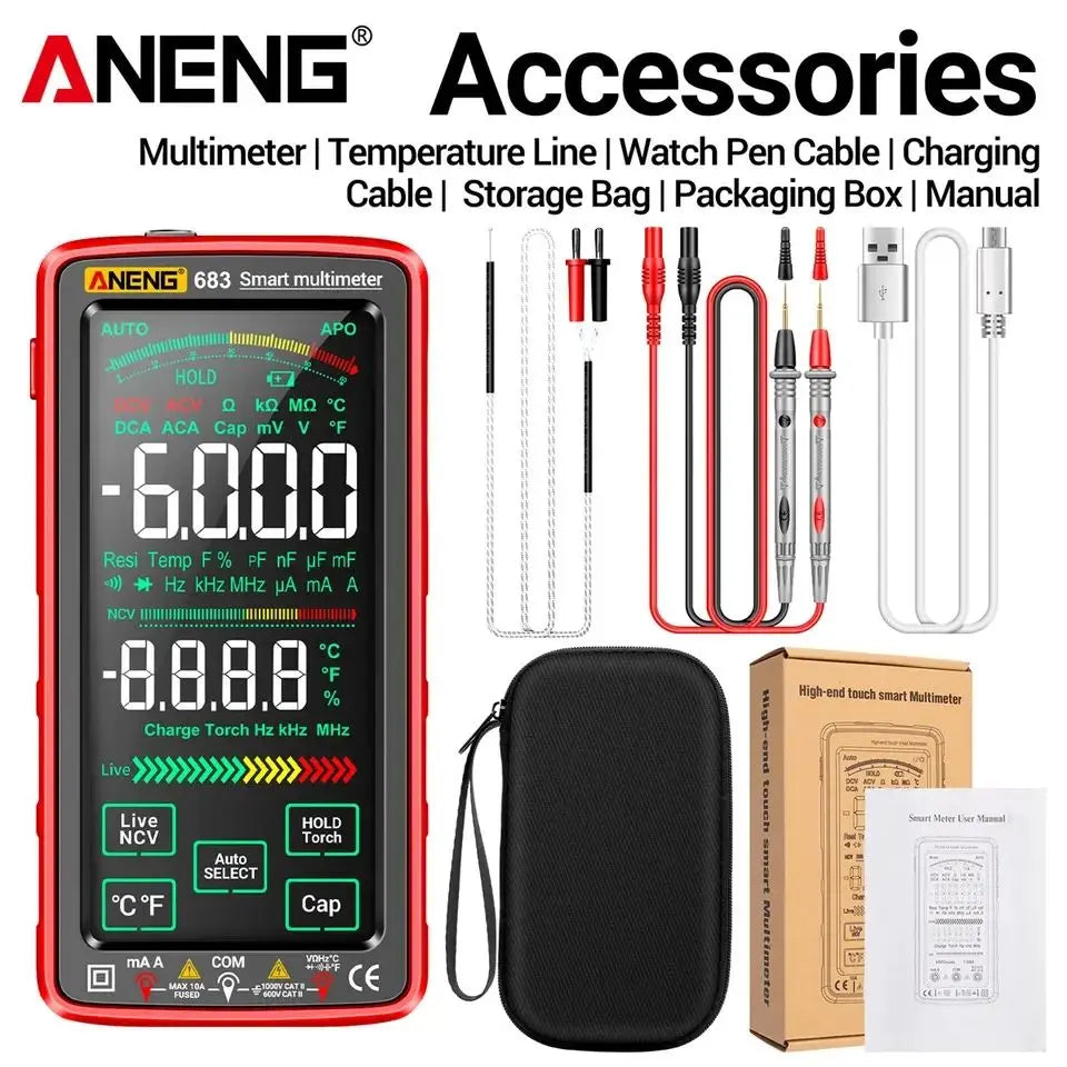 ANENG 683 Touch Screen Smart Digital Multimeter 6000 Counts AC/DC Ammeter Voltmeter Rechargeable Ohm Diode NCV Multimeter Tester Leedoar