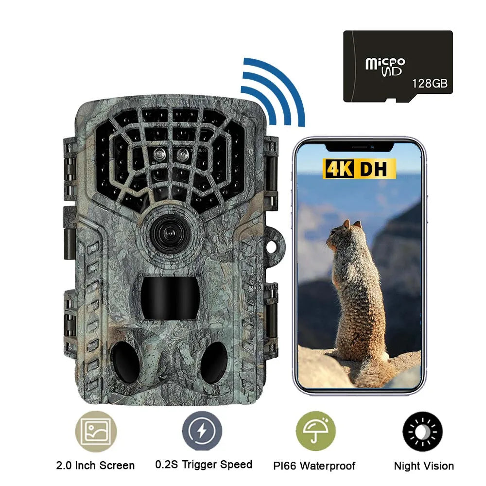 Câmera de caça 4K HD WIFI Câmera de trilha de vida selvagem com baixo brilho Arction 48MP IP65 Armadilha fotográfica externa à prova d'água com visão noturna