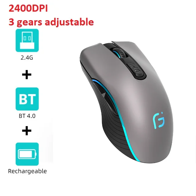 Ratón inalámbrico para juegos de modo dual 2.4G + Bluetooth OGORUS X9 ergonómico 2400DPI ajustable silencioso 7 colores brillo para PC portátiles 