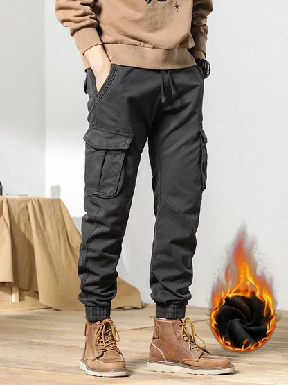 2022 New Multi-Pockets Winter Cargo Pants Men Fleece Liner Thick Warm Slim Fit Joggers Streetwear Casual Cotton Thermal Trousers Leedoar