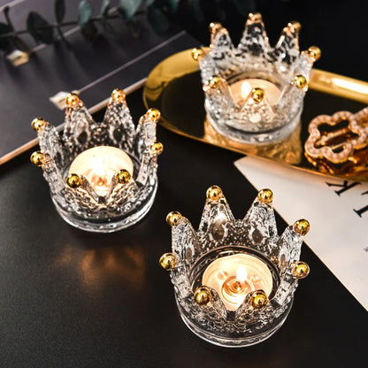 5PCS Small Crown Glass Candlestick Decoration Retro Desktop Decoration Prop Gold Edge Amber Style Crown Decoration Leedoar