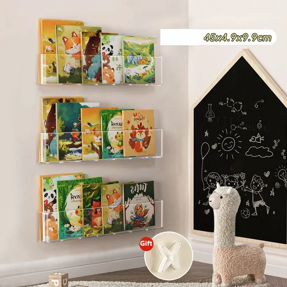 Estantería de libros de imágenes acrílicas para niños, estantería de pared detrás de la puerta, transparente, para lectura, libros de escritorio, almacenamiento de libros ilustrados para el hogar