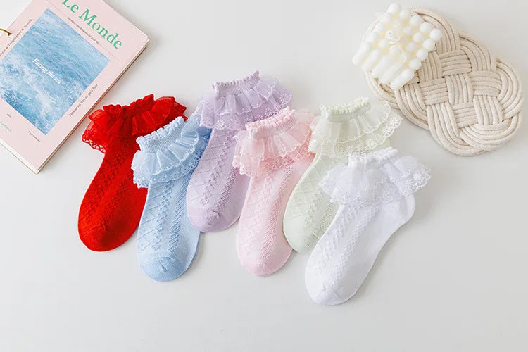 5 Pairs/Lot Girls Socks Summer New Mesh Style Cotton Thin Baby Socks Trendy Elastic White Lace Flowers Children Princess Socks Leedoar