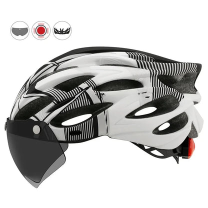 Casco de bicicleta Casco de seguridad para exteriores Casco de bicicleta con lente y ala Luz trasera (CB-26) Accesorios para motocicletas y bicicletas de montaña 