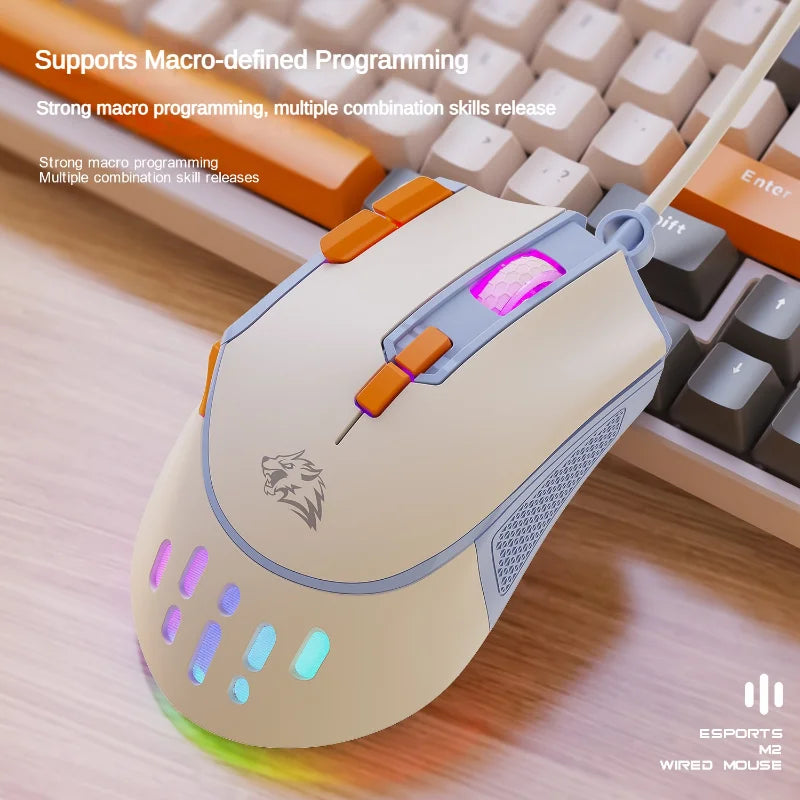 Ratón para juegos con cable M2 apto para ordenadores portátiles, escritorios, juegos de oficina, 12800 DPI, personalización de definición de macros, ratón luminoso RGB 