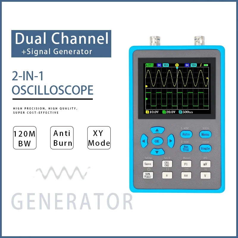 2.8 Inch Handheld Digital Oscilloscope 120M Performance Bandwidth Dual Channel Oscilloscope Signal generator XY mode DSO2512G Leedoar