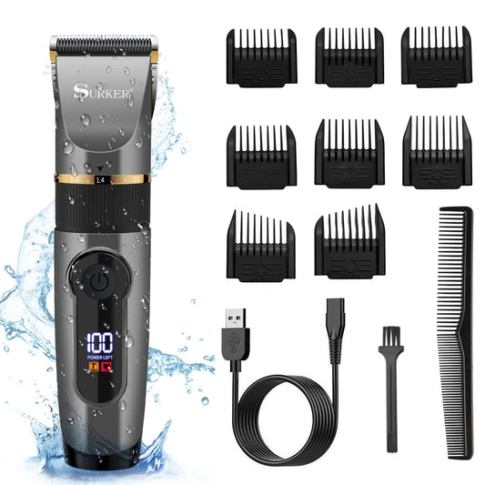 SURKER Máquina de cortar cabelo profissional com lâmina de cerâmica Aparador de pelos masculino com tela LED Máquina de corte de cabelo Carregamento USB 