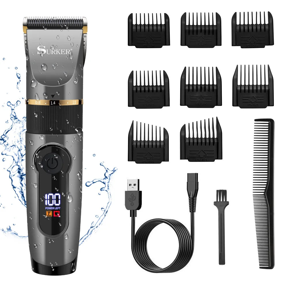 SURKER Professional Hair Clipper Ceramic Blade Male Hair Trimmer LED Display Haircut Machine USB charging Leedoar