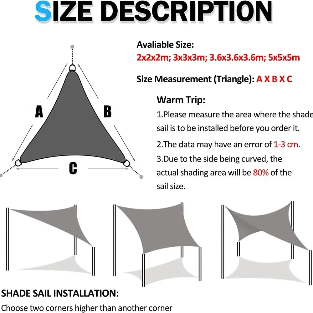 5x5x5/2x2x2M Waterproof Sun Shelter Triangle Sunshade Protection Outdoor Canopy Garden Patio Pool Shade Sail Awning Shade Cloth Leedoar