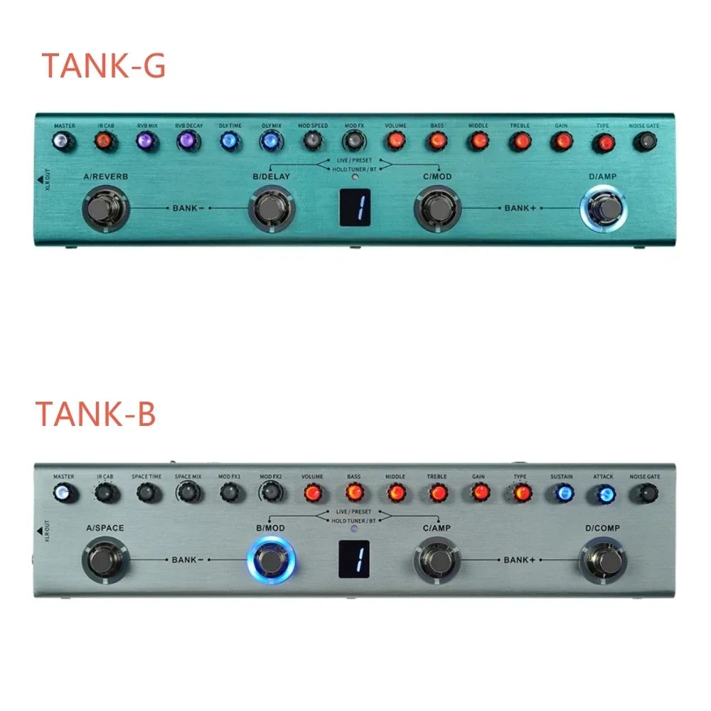 Pedal multiefectos para guitarra recargable portátil Tank 36 preajustes 9 ranuras para preamplificador 8 ranuras para cabina IR 3 efectos de modulación/retardo/reverberación 