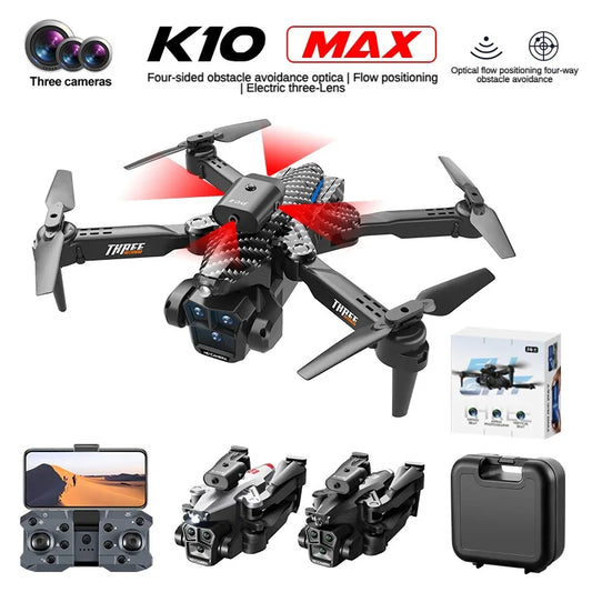 K10 MAX Drone com três câmeras 4K HD RC Helicóptero Dron Brinquedos Crianças Presente Quatro Vias Evitação de Obstáculos Posicionamento de Fluxo Óptico 