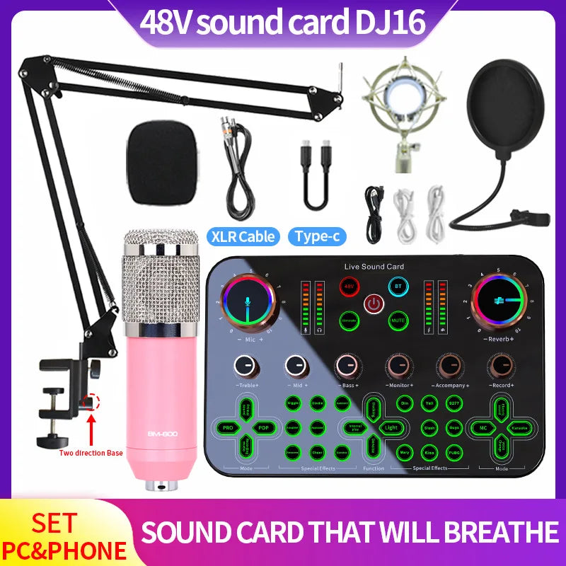 48V DJ16 Sound Card BM 800 Microphone Bluetooth Wireless Karaoke with Live Streaming for PC Phone Singing Games Youtube TikTok Leedoar