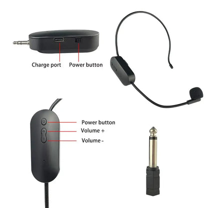 Conjunto de microfone de lapela sem fio 2.4G montado na cabeça, transmissor com receptor para amplificador, alto-falante de voz, guia de ensino