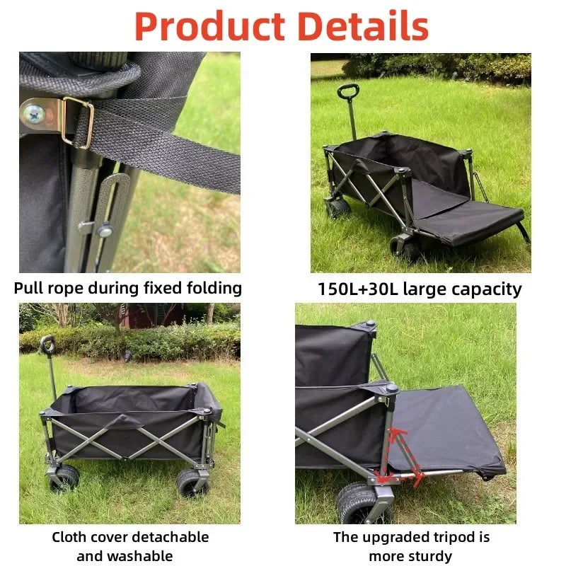 180L Liftable Tank Wheeled Camping Cart Handcart Foldable with Rear Door Hand Pushed Camping Trailer Trolley Picnic Vehicle Leedoar