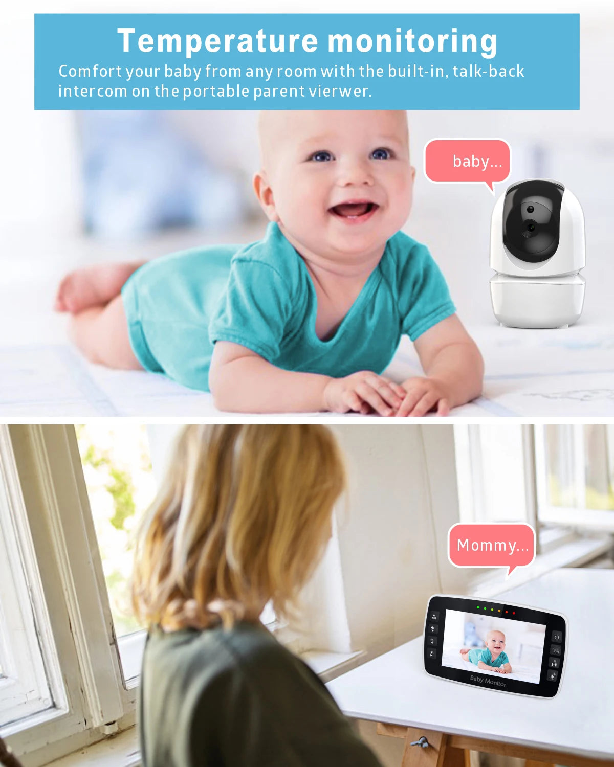 4.3Inch Baby Monitor with Two camera Wireless PTZ Camera High Security Children Camera Night Vision Temperature Monitoring Baby Leedoar