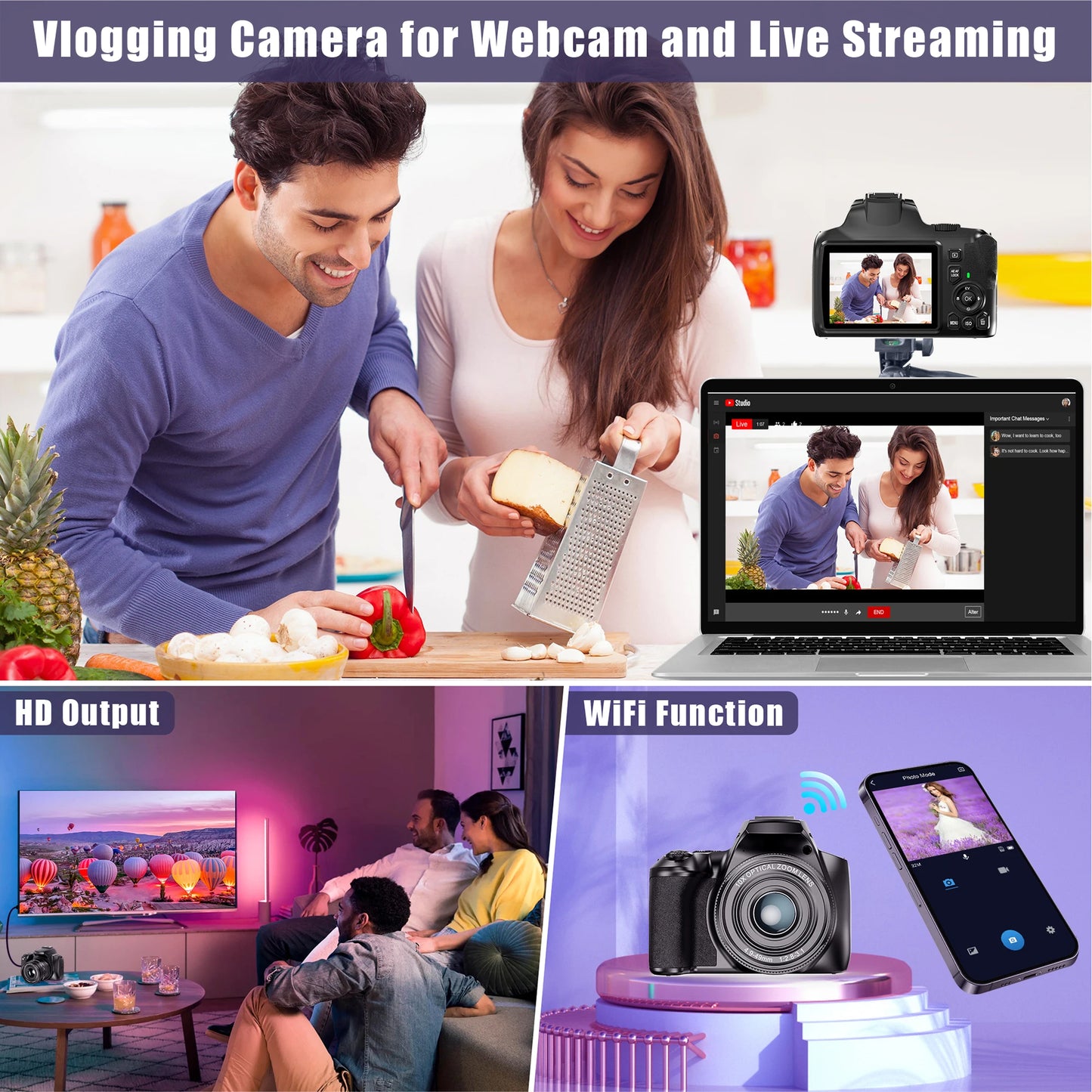 4K 64MP WiFi Digital Camera for Photography Video Camera with Flash,HDMI Output Livestream Vlog 10X Optical Zoom SLR Webcam Leedoar