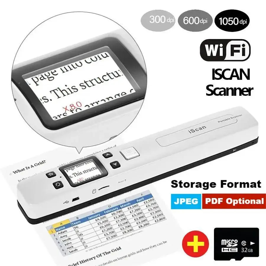 WIFI Scanner IScan A4 HD Color LCD Screen With SD Card 16G 32G 1050 DPI CIS Scanning Document Photo Image Storage Format JPG/PDF Leedoar