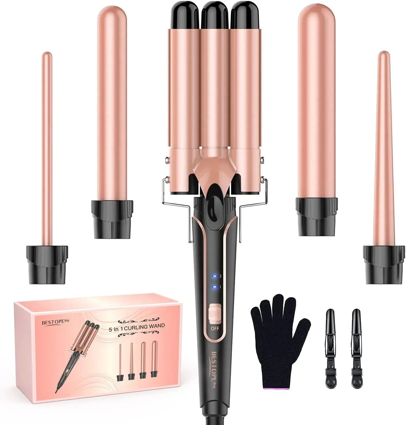 5 in 1 Curling Iron 3 Barrel Hair Crimper Iron Curling Wand Hair with Fast Heating Up Crimper Wand Curler for All Hair Types Leedoar