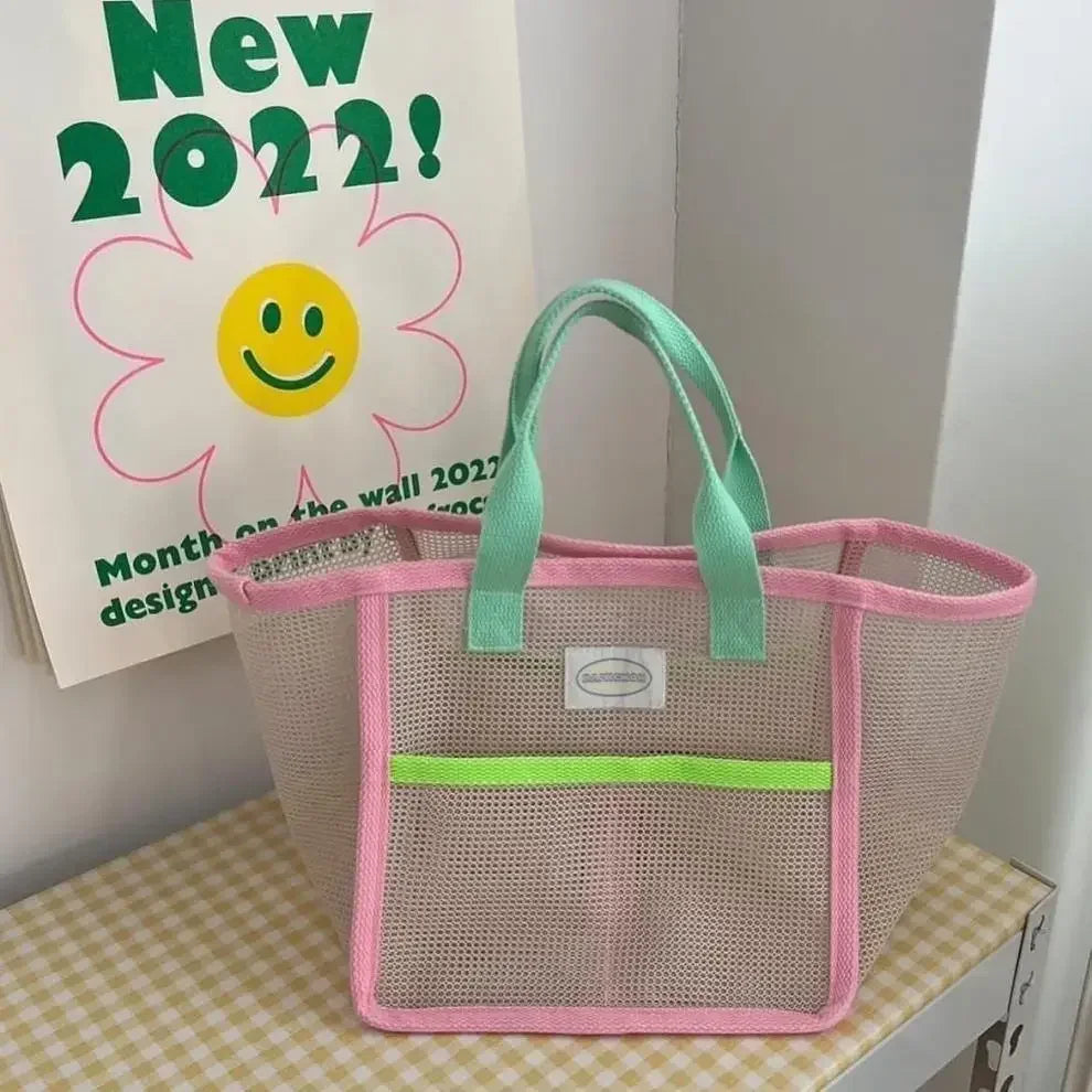 Pink Green Contrast Beach Bag Children's Toy Mesh Portable Storage Bag Outdoor Travel Swimming Toiletry Storage Bag Organizer Leedoar