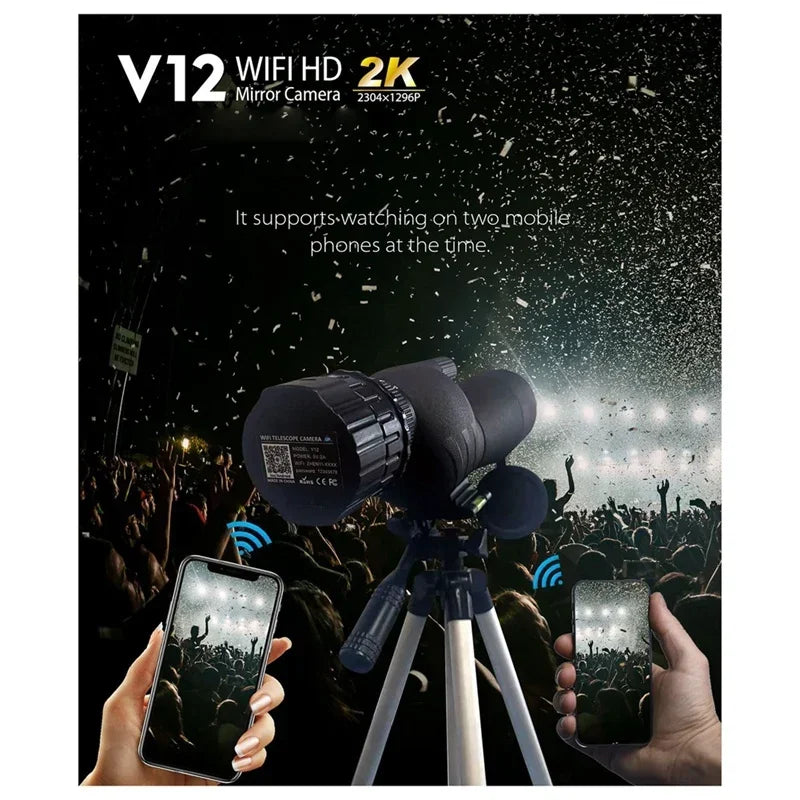 Câmera de espelho HD 2K 4MP V12Wifi Oculares ópticas eletrônicas Telescópios para observação de pássaros Suporte para 2 telefones 