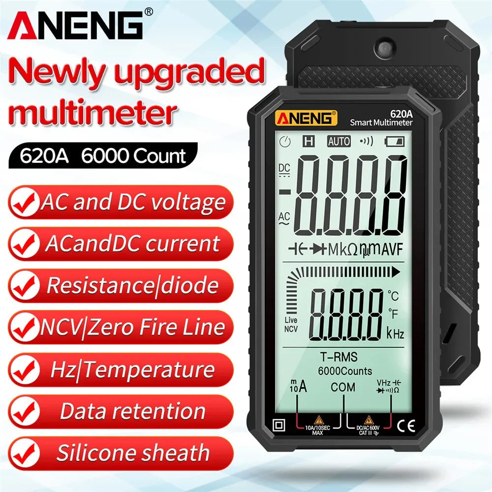 ANENG 620A Digital Multimeter AC/DC Ultraportable LCD Display True-RMS Multimeter Auto-Ranging with Amp Volt Ohm Multi Tester Leedoar