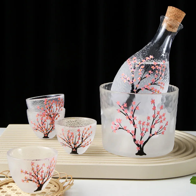 6pcs/Set Japanese Style Sake Set Sakura Wine Glasses Wine Decanter Handmade Vintage Sake Glass Teacup Water Cup Household Items Leedoar