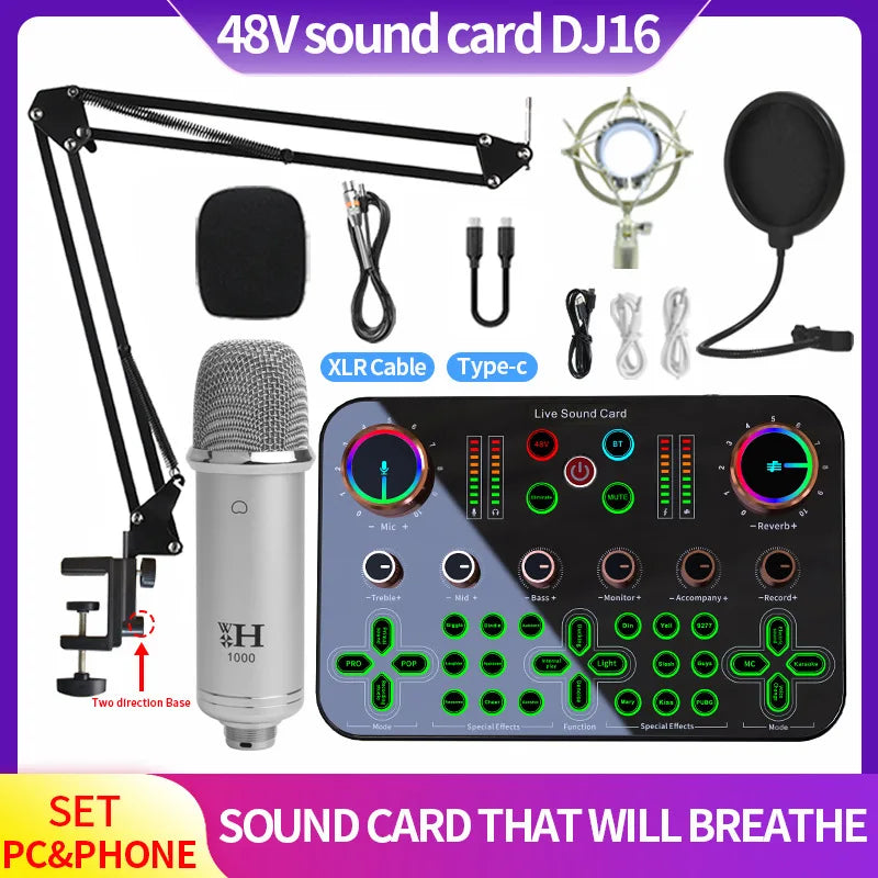 48V DJ16 Sound Card BM 800 Microphone Bluetooth Wireless Karaoke with Live Streaming for PC Phone Singing Games Youtube TikTok Leedoar