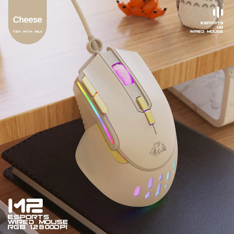 Mouse de jogo com fio M2 adequado para laptop, desktop, jogos de escritório, 12800 DPI, definição de macro, personalização, mouse luminoso RGB 