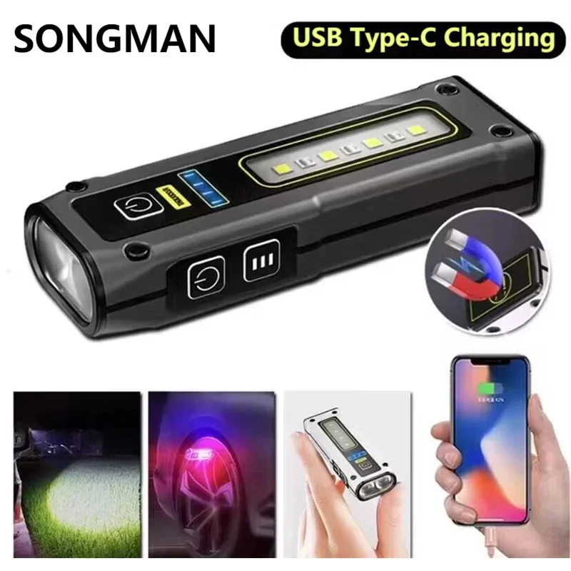 Mini Multi-function Flashlight Dual LED Source Work Light Type-C Rechargeable Torch Strong Magnet Emergency Power Bank Lantern Leedoar