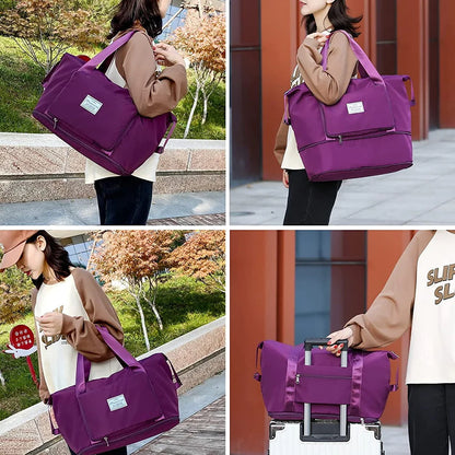 Bolsa de viagem feminina, bolsa grande de capacidade, bolsa dobrável, bolsa de ombro, armazenamento, bolsa à prova d'água, bolsa de ioga, esportiva, transversal 