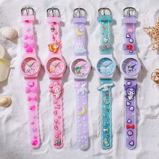 Reloj de pulsera para niños con patrón 3D de Sanrio, reloj de cuarzo resistente al agua con Hellokitty Kuromi Cinnamorol, reloj de pulsera de gel de sílice Kawaii, regalos para niños 