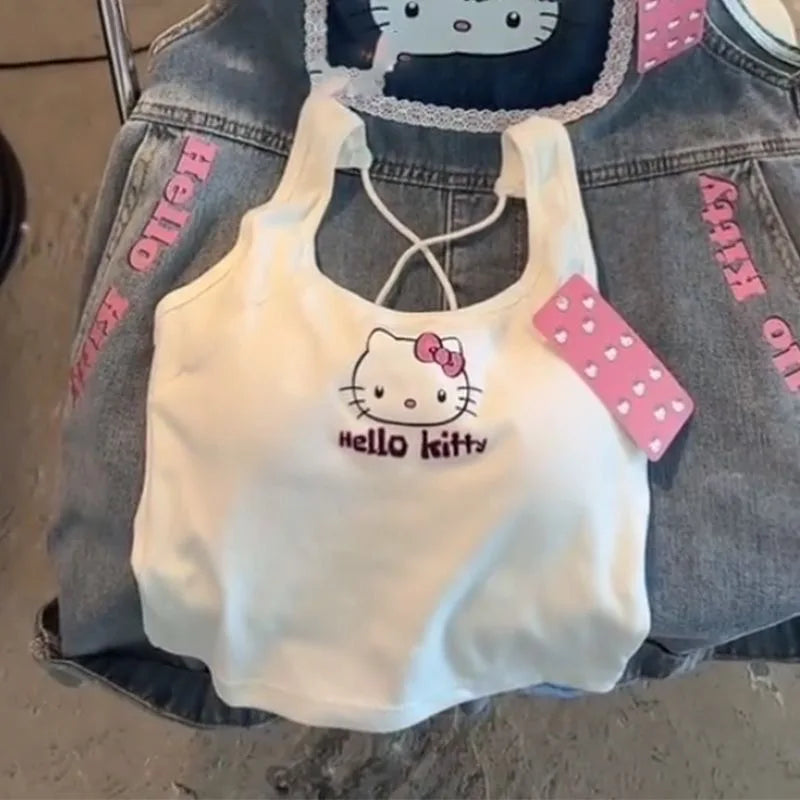 Ropa de moda de Sanrio Hello Kitty 2000 Top con almohadilla para el pecho Top lindo para niña Top corto de verano fresco Top sexy blanco con tirantes Gif de chica 