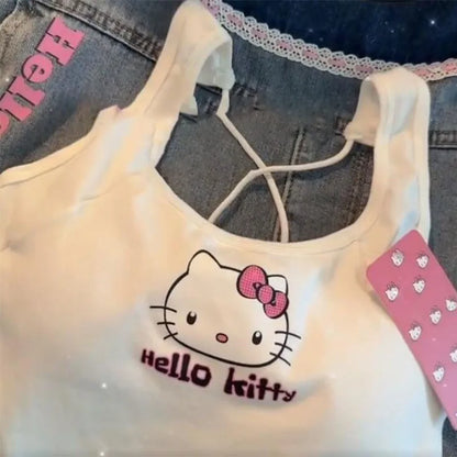 Ropa de moda de Sanrio Hello Kitty 2000 Top con almohadilla para el pecho Top lindo para niña Top corto de verano fresco Top sexy blanco con tirantes Gif de chica 