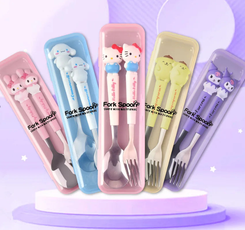 Sanrio Hello Kitty Cutlery Set Anime Cute Kawaii Spoon Fork 2 Piece Set Outdoor Travel Portable Kids Stainless Steel Tableware Leedoar