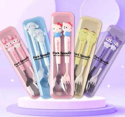 Sanrio Hello Kitty Cutlery Set Anime Cute Kawaii Spoon Fork 2 Piece Set Outdoor Travel Portable Kids Stainless Steel Tableware Leedoar