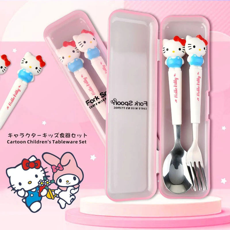 Sanrio Hello Kitty Cutlery Set Anime Cute Kawaii Spoon Fork 2 Piece Set Outdoor Travel Portable Kids Stainless Steel Tableware Leedoar