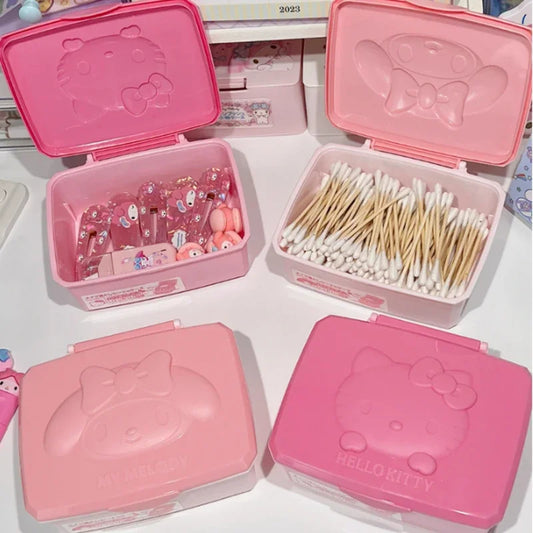 Caja de almacenamiento Sanrio Hello Kitty Melody con tapa abatible y diseño de gato de dibujos animados, hisopos de algodón, almohadillas de algodón, papelería, organización de joyas, regalos 