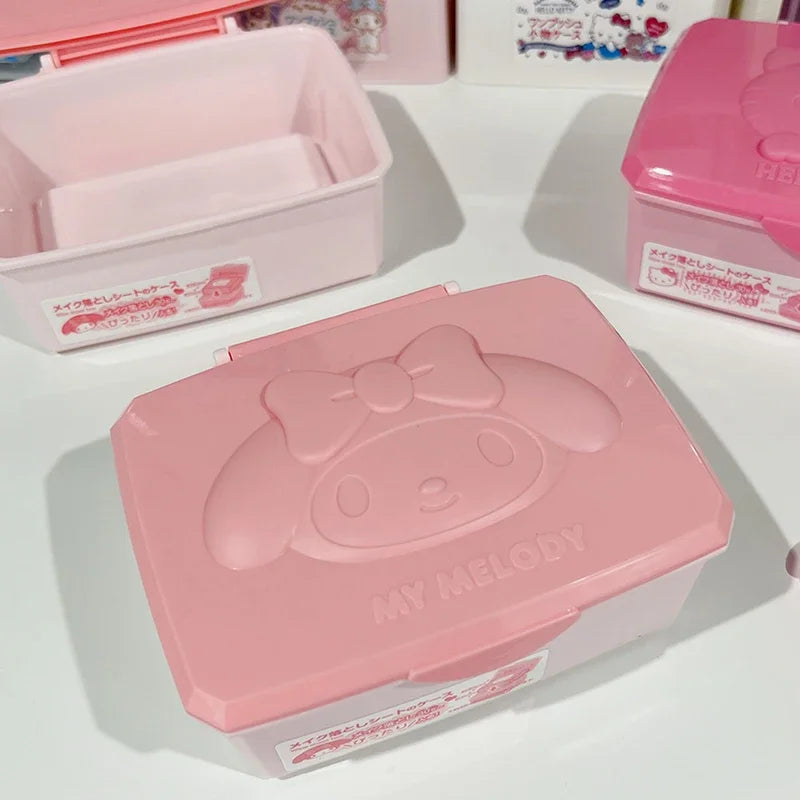 Sanrio Hello Kitty Melody Caixa de armazenamento Desenho animado Kt Cat Flip Cover Cotonetes Almofadas de algodão Papelaria Jóias Organização Presentes 