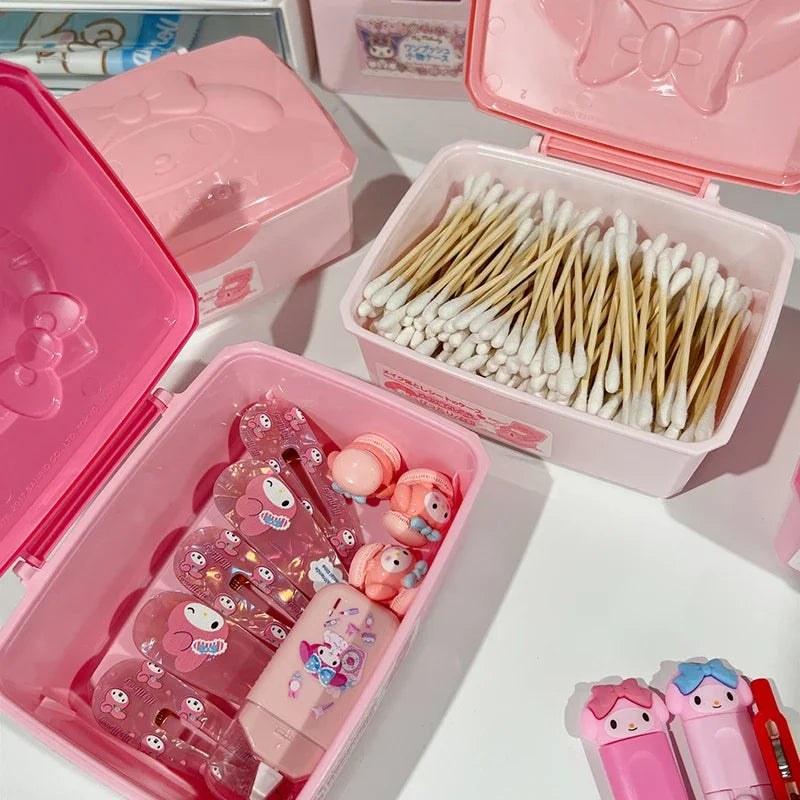 Caja de almacenamiento Sanrio Hello Kitty Melody con tapa abatible y diseño de gato de dibujos animados, hisopos de algodón, almohadillas de algodón, papelería, organización de joyas, regalos 