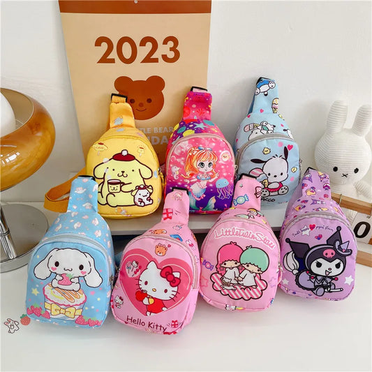 Sanrio Kawaii Mini Chest Bag Cinnamoroll Kuromi Pochacco Children's Shoulder Bag Girl Fashion Messenger Bag Travel Storage Gift Leedoar